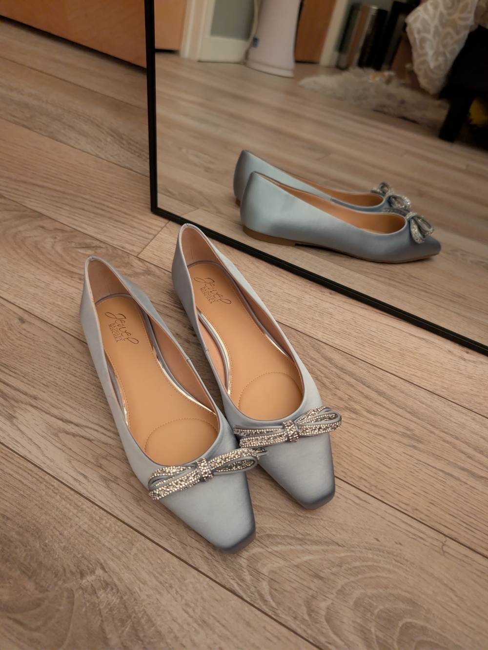 Badgley Mischka Powder Blue Satin Pointed Flats with Crystal Bow